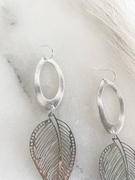 Sterling Silver Ear Wire with Reclaimed Silver Wavy Oval Pendant and Reclaimed Cut Out Silver Leaf Pendant