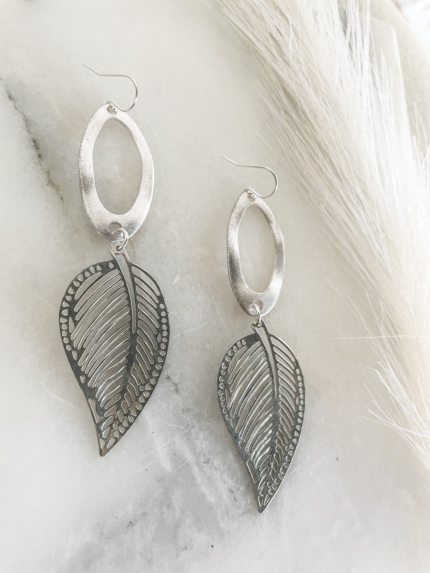 Sterling Silver Ear Wire with Reclaimed Silver Wavy Oval Pendant and Reclaimed Cut Out Silver Leaf Pendant