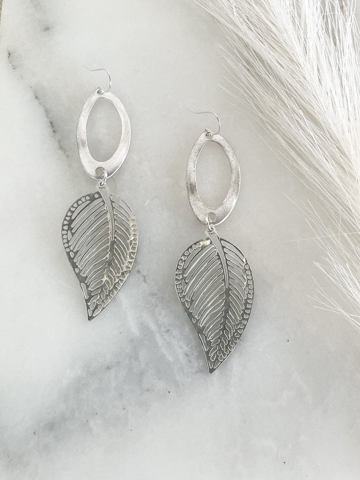 Sterling Silver Ear Wire with Reclaimed Silver Wavy Oval Pendant and Reclaimed Cut Out Silver Leaf Pendant