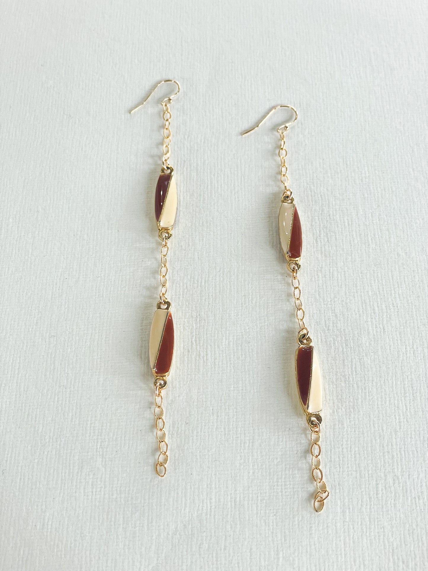 Retro Drop Chain Earrings with Reclaimed Vintage Maroon and Cream Resin Pendants