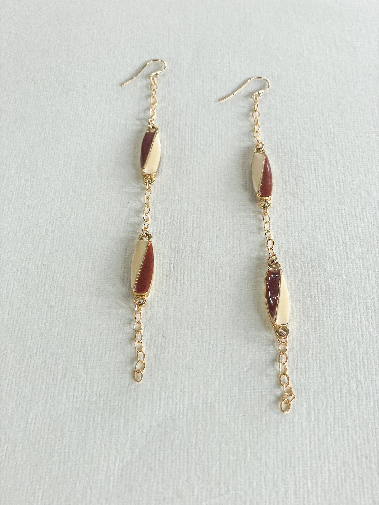 Retro Drop Chain Earrings with Reclaimed Vintage Maroon and Cream Resin Pendants