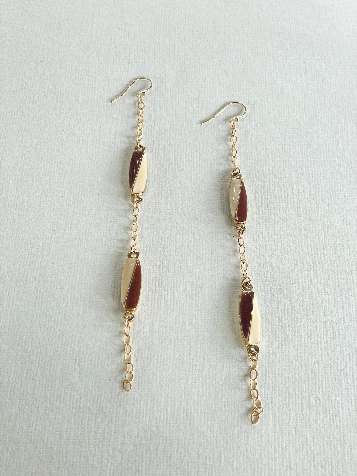 Retro Drop Chain Earrings with Reclaimed Vintage Maroon and Cream Resin Pendants