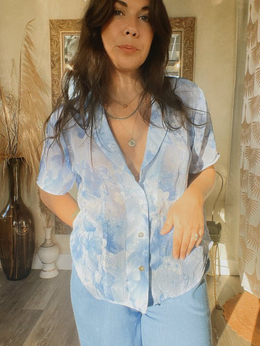 Vintage Sheer Blue Floral Blouse