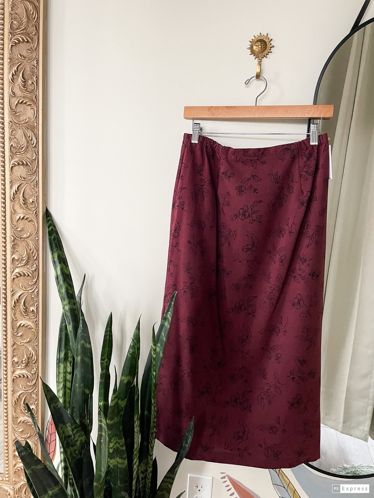 Vintage Maroon and Black Floral Midi Skirt