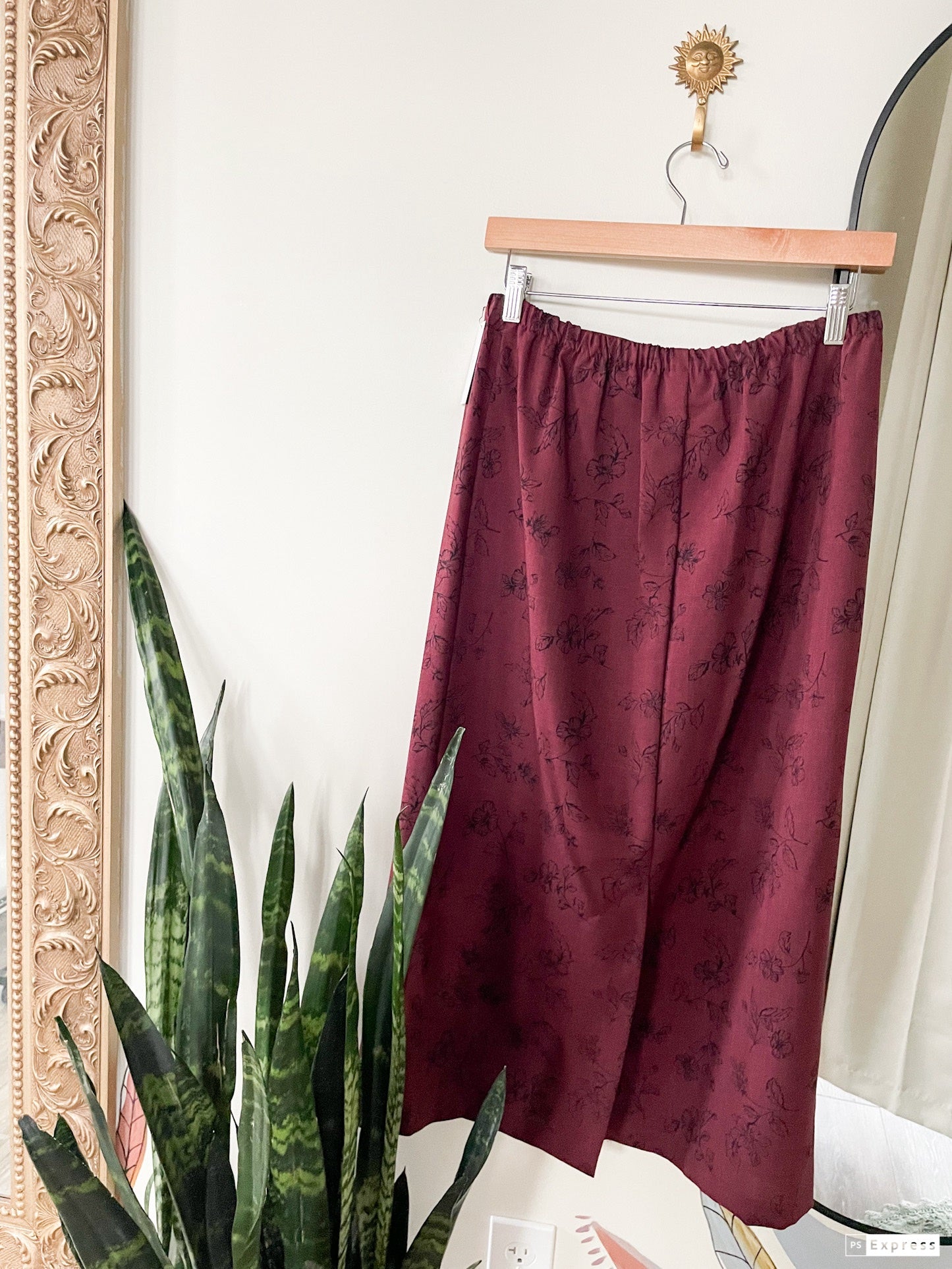 Vintage Maroon and Black Floral Midi Skirt