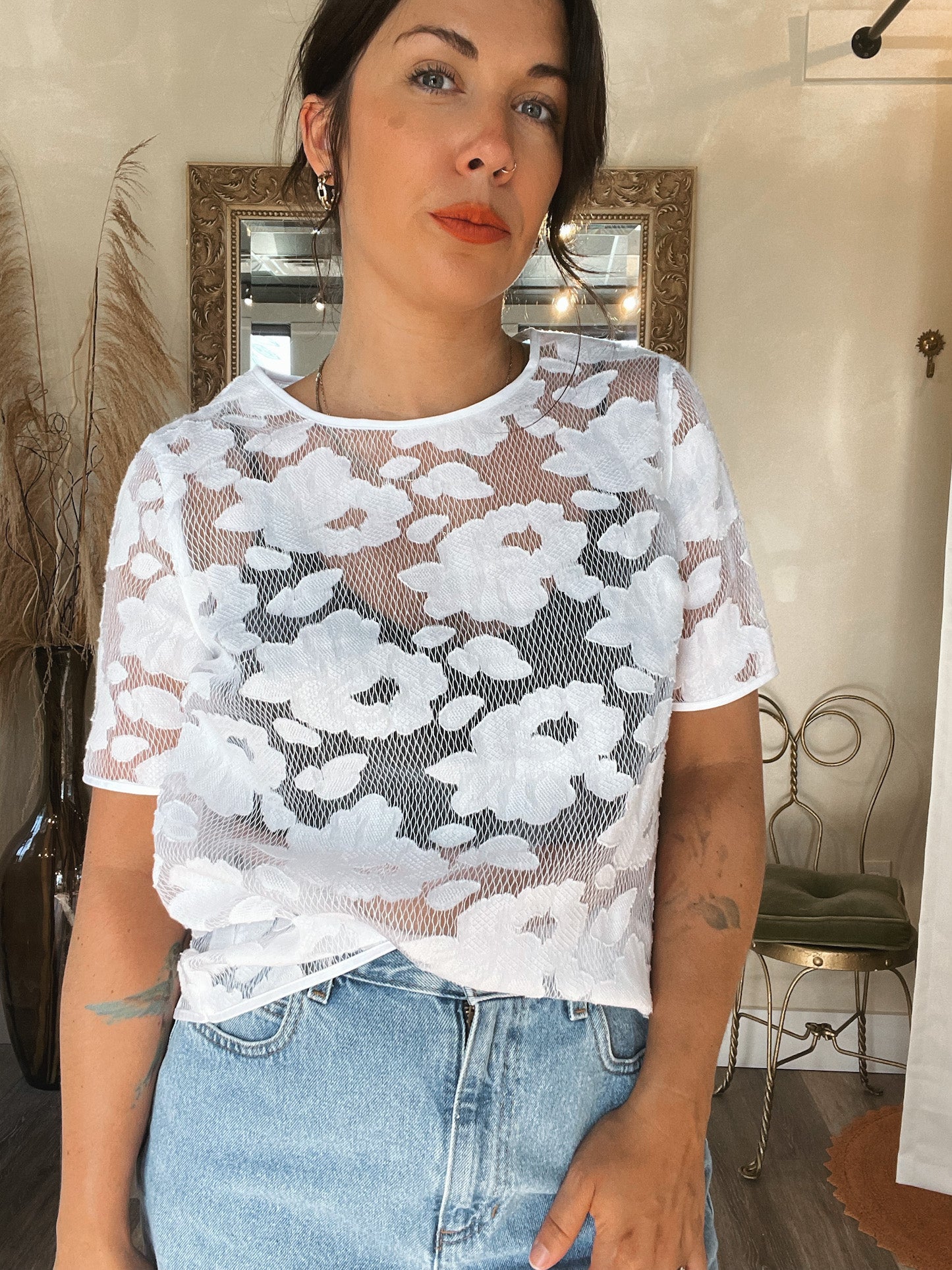 Shear White Floral Tee