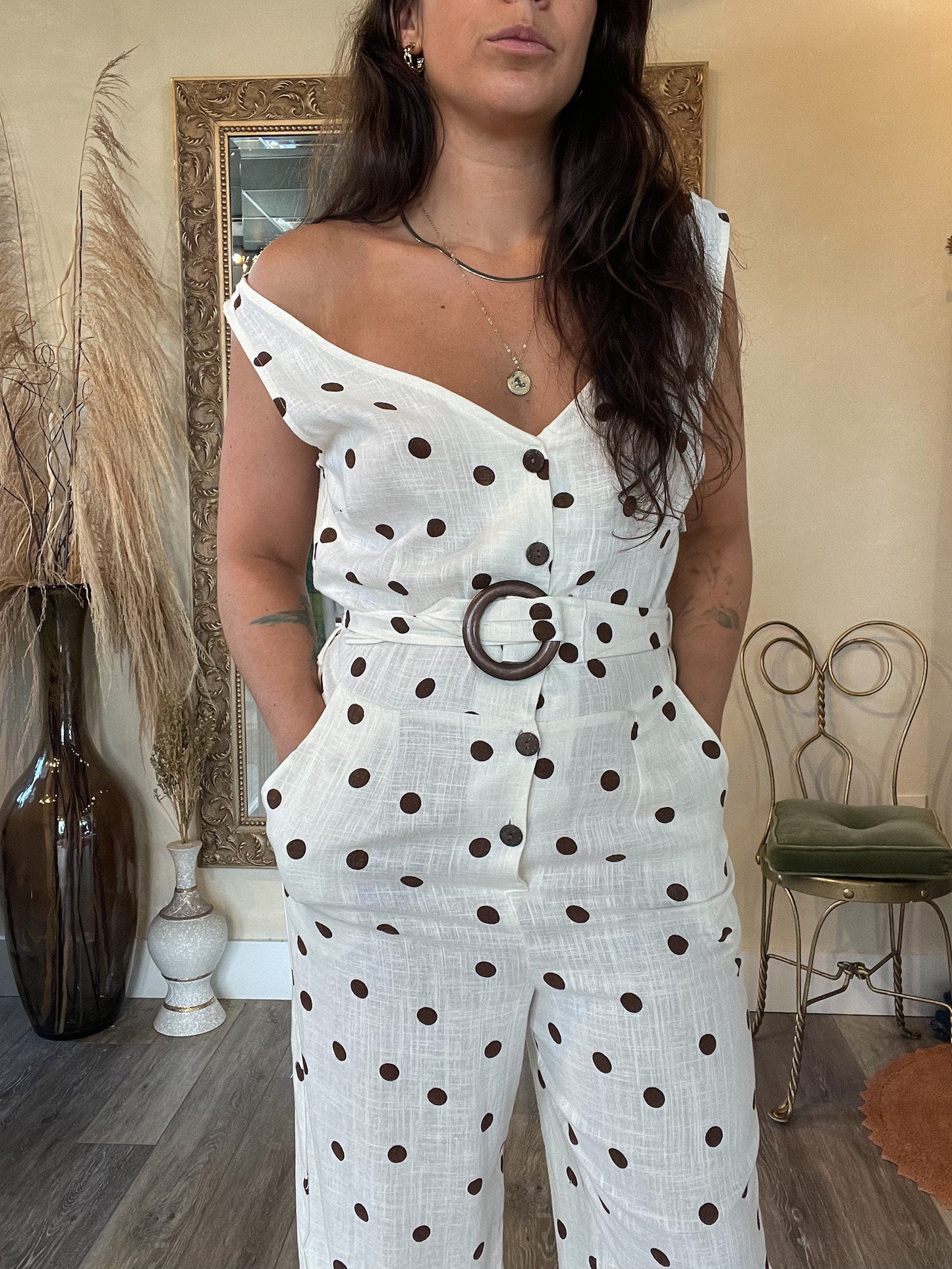 White ands Brown Polka Dot Jumpsuit