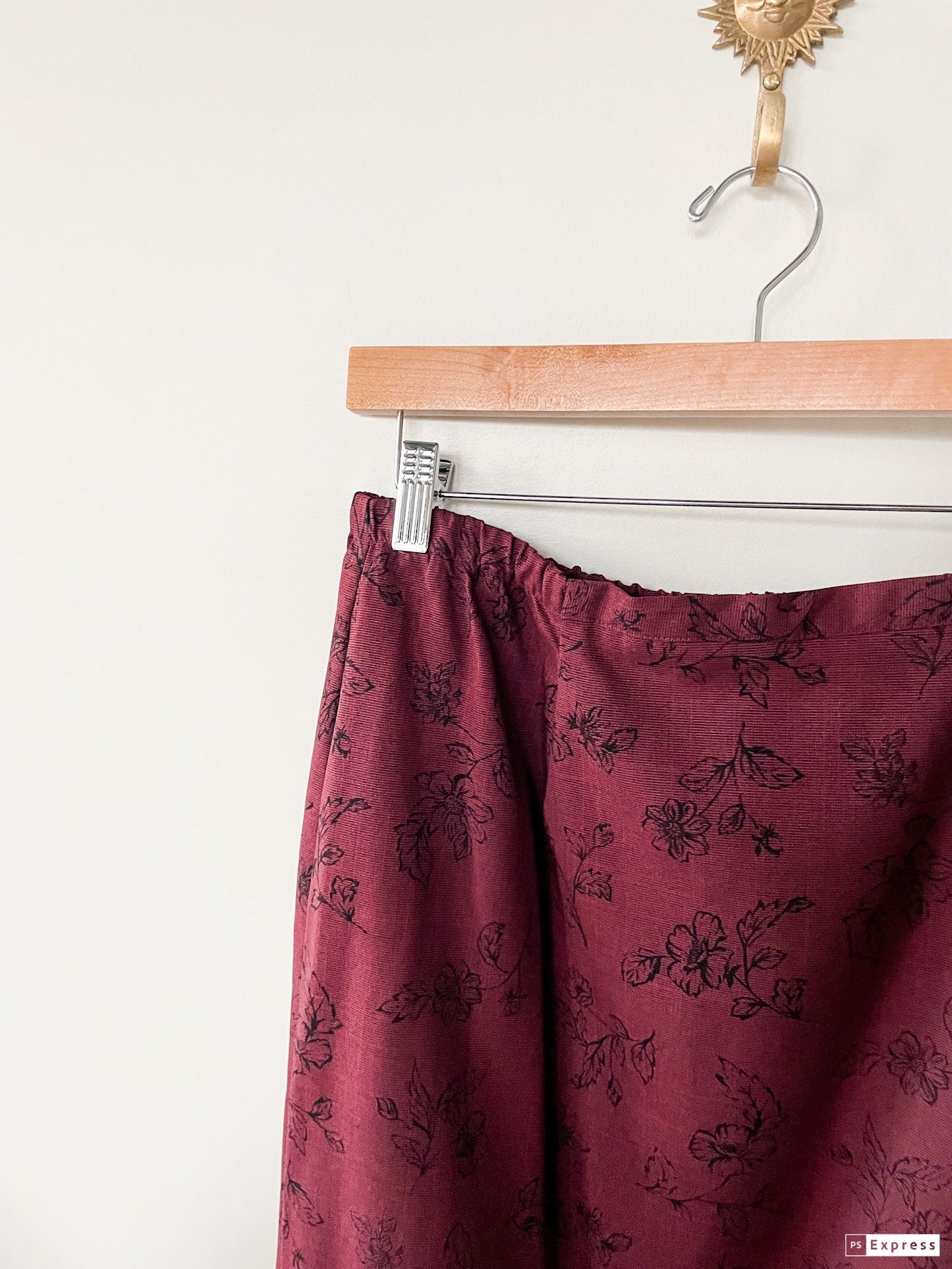 Vintage Maroon and Black Floral Midi Skirt