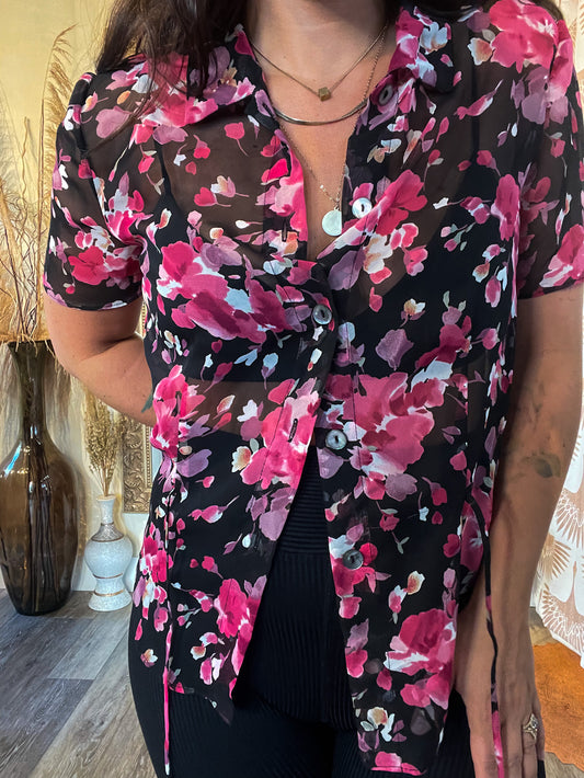 90s Sheer Floral Button Down